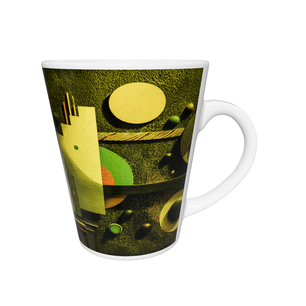 „Latte-Tasse konisch mit abstraktem geometrischem Bauhaus-Motiv in Gelb, Grün und Orange inspiriert von Kandinsky“