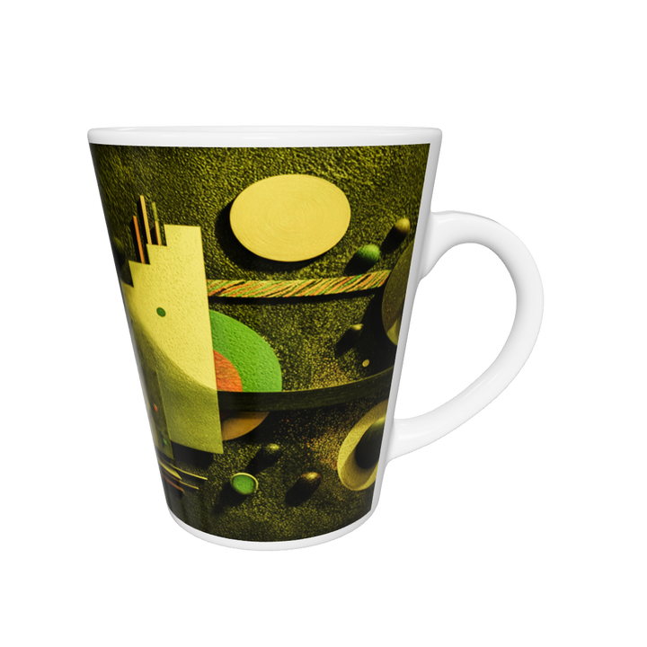 „Latte-Tasse konisch mit abstraktem geometrischem Bauhaus-Motiv in Gelb, Grün und Orange inspiriert von Kandinsky“