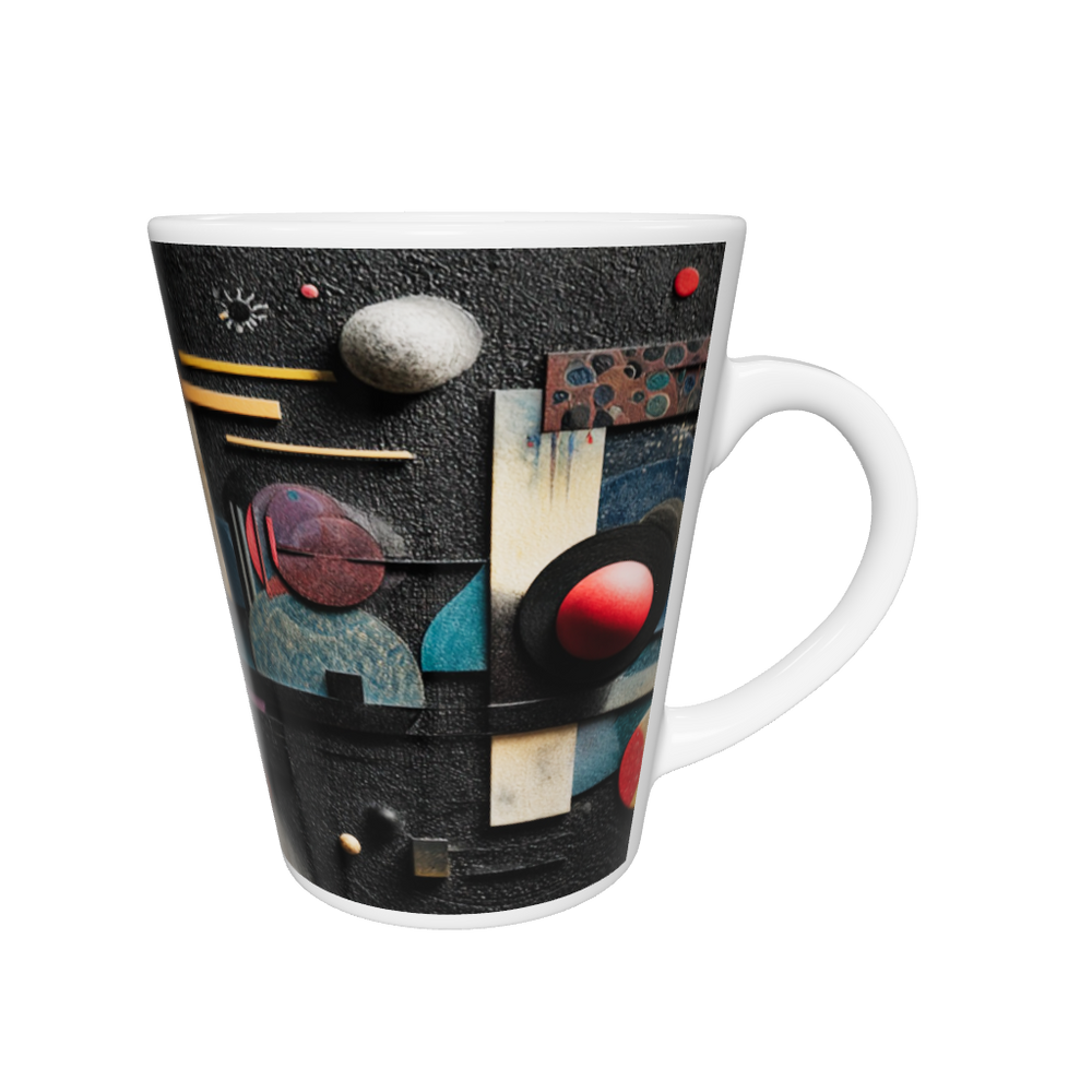„Latte-Tasse konisch mit abstraktem Bauhaus-Motiv in Gelb, Rot, Blau und Schwarz inspiriert von Kandinsky“