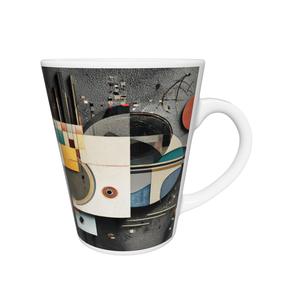 „Latte-Tasse konisch mit abstraktem kosmischem Bauhaus-Motiv in Rot, Gelb, Blau und Gold inspiriert von Kandinsky“