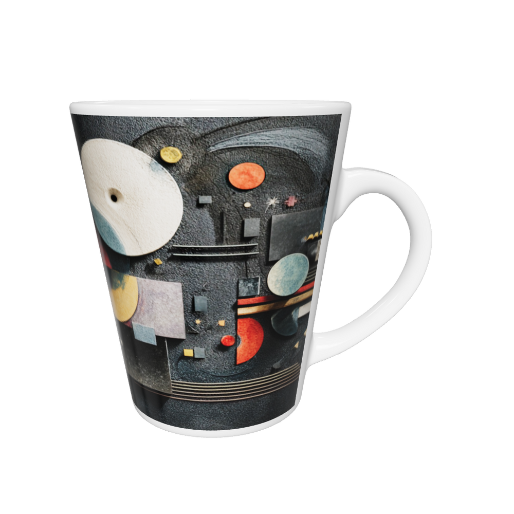 „Latte-Tasse konisch mit abstraktem Bauhaus-Motiv in Schwarz, Gold, Rot und Blau inspiriert von Kandinsky“