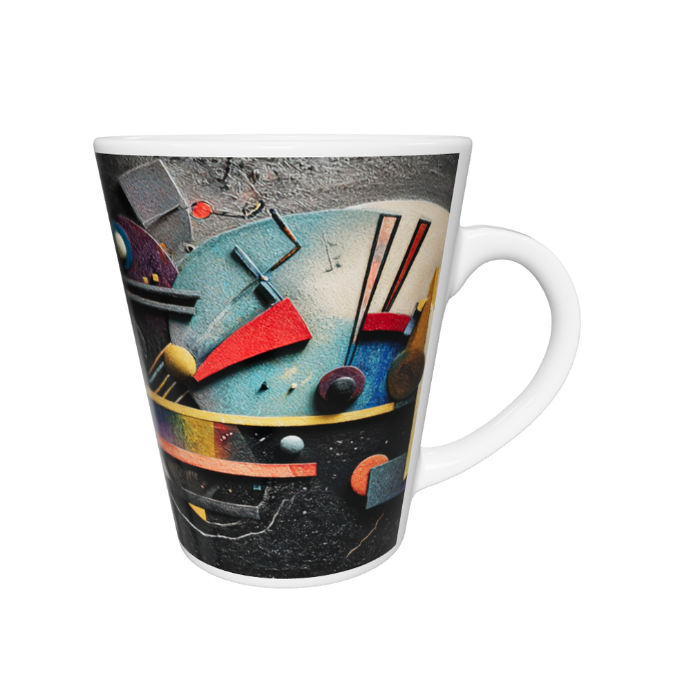 „Latte-Tasse konisch mit abstraktem Bauhaus-Motiv in Rot, Gold, Blau und Violett inspiriert von Kandinsky“