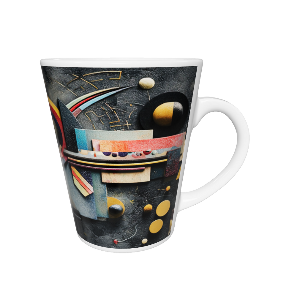 „Latte-Tasse konisch mit abstraktem Bauhaus-Motiv in Gelb, Rot, Schwarz und Blau inspiriert von Kandinsky“
