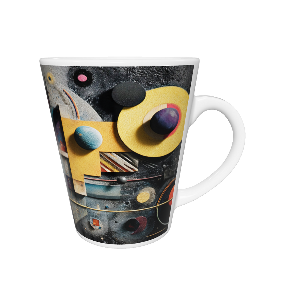„Latte-Tasse konisch mit abstraktem Bauhaus-Motiv in Gelb, Blau, Violett und Orange inspiriert von Kandinsky“
