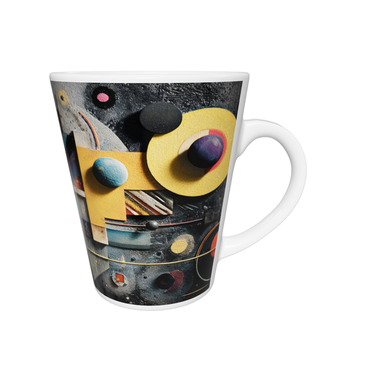 „Latte-Tasse konisch mit abstraktem Bauhaus-Motiv in Gelb, Blau, Violett und Orange inspiriert von Kandinsky“