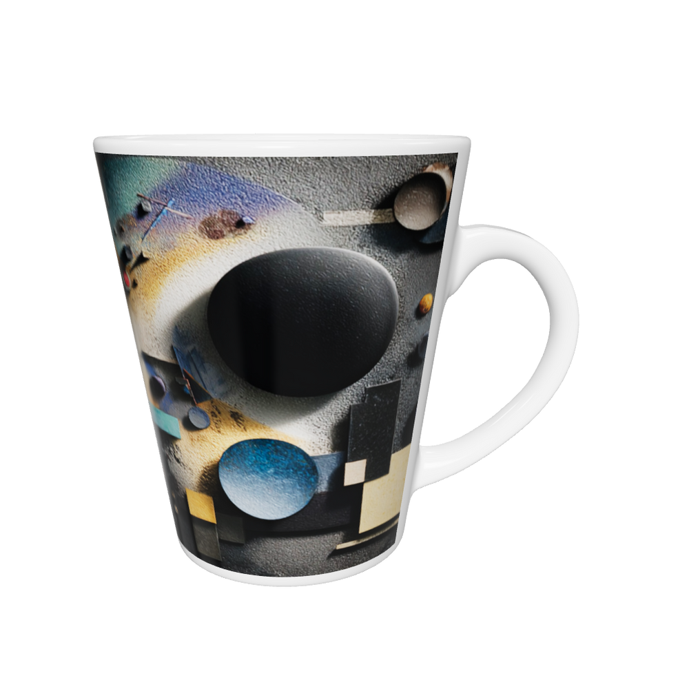 „Latte-Tasse konisch mit abstraktem Bauhaus-Motiv in Gelb, Blau, Violett und Schwarz inspiriert von Kandinsky“