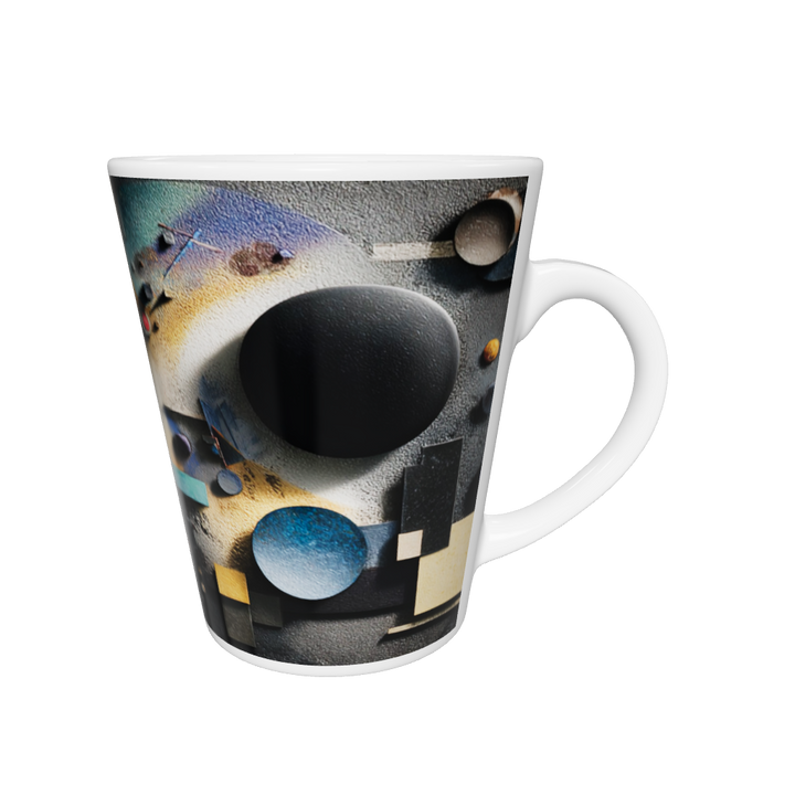 „Latte-Tasse konisch mit abstraktem Bauhaus-Motiv in Gelb, Blau, Violett und Schwarz inspiriert von Kandinsky“