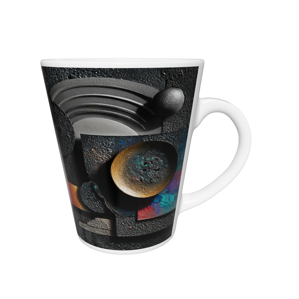 „Latte-Tasse konisch mit abstraktem Bauhaus-Motiv in Schwarz und Grau mit gelben und bunten Akzenten, inspiriert von Kandinsky“