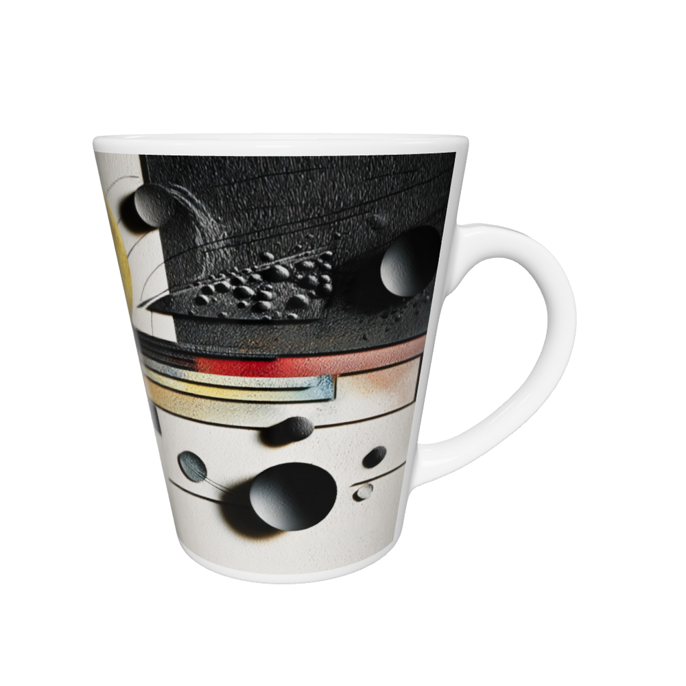 „Latte-Tasse konisch mit abstraktem Bauhaus-Motiv in Schwarz, Weiß und Gold inspiriert von Kandinsky“