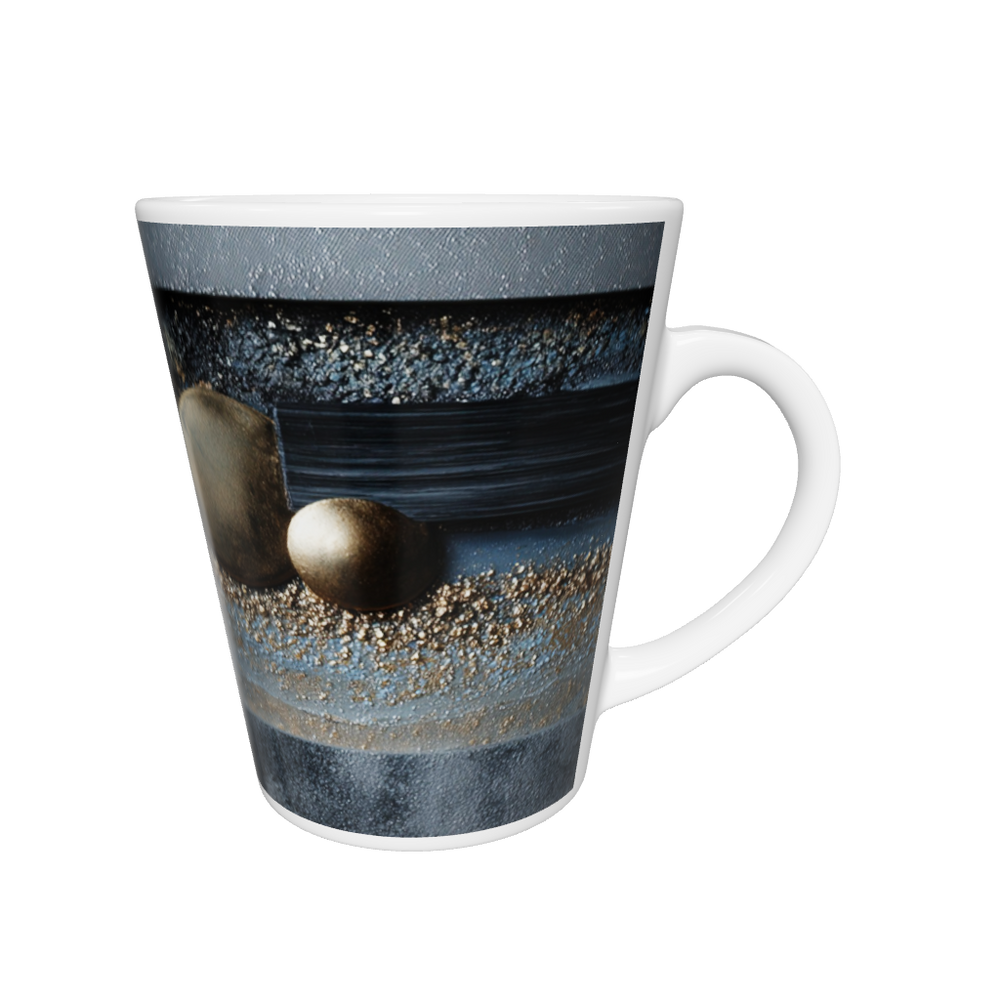 „Latte-Tasse konisch mit abstraktem Design in Blau, Schwarz und Gold, inspiriert von Bauhaus“