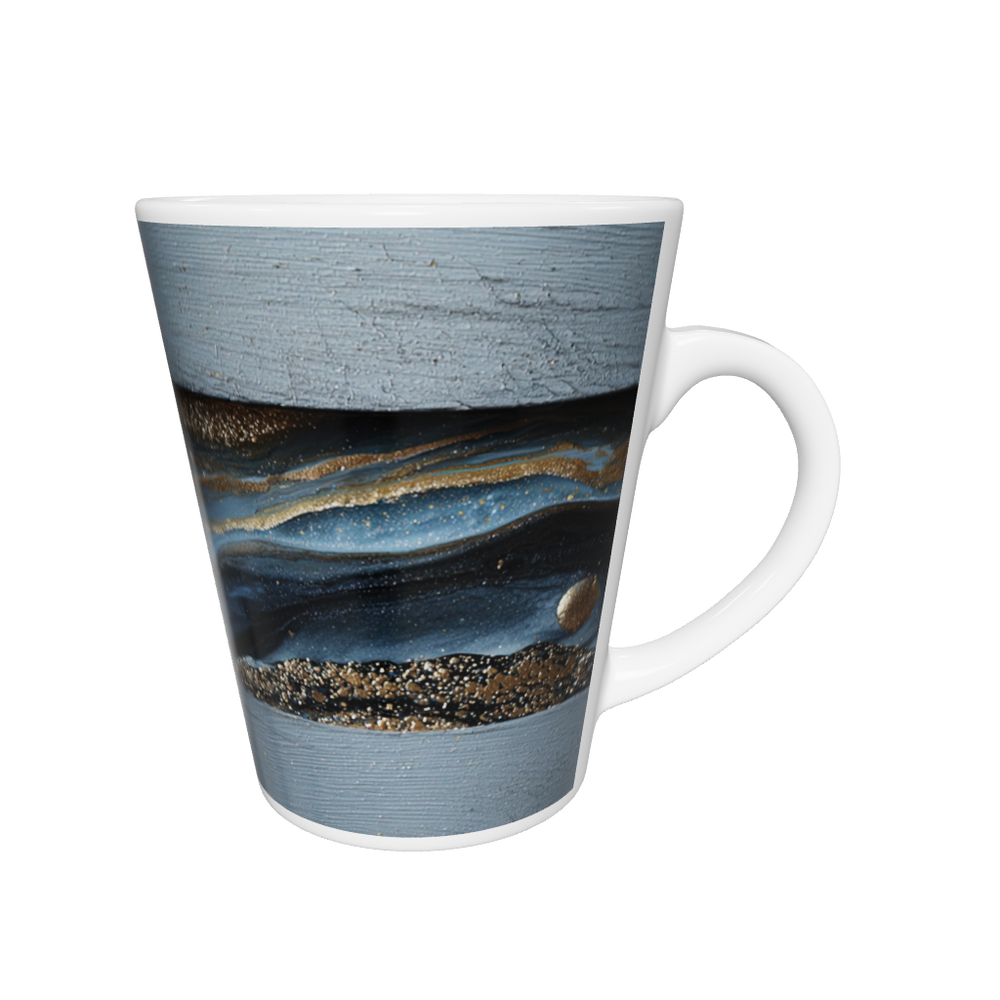 „Latte-Tasse konisch mit abstraktem Design in Blau, Grau und Gold, inspiriert von Bauhaus und moderner Abstraktion“