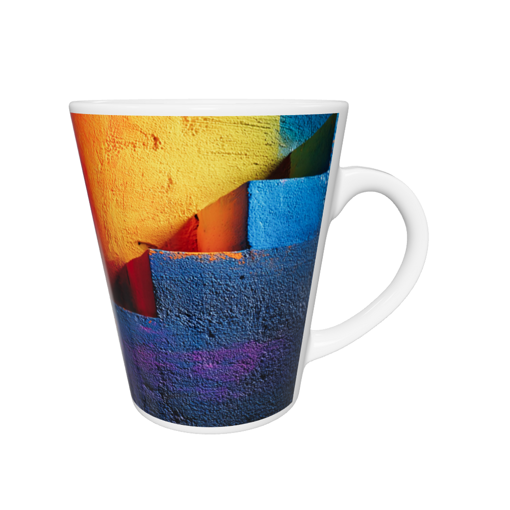 „Latte-Tasse konisch mit abstraktem Neon-Motiv, Treppenstruktur in Pink, Blau, Gelb und Violett, inspiriert von Pop-Art“