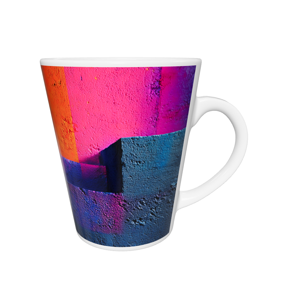 „Latte-Tasse konisch mit abstrakter Treppenstruktur in Neonfarben Pink, Gelb, Blau und Orange, inspiriert von Pop-Art“