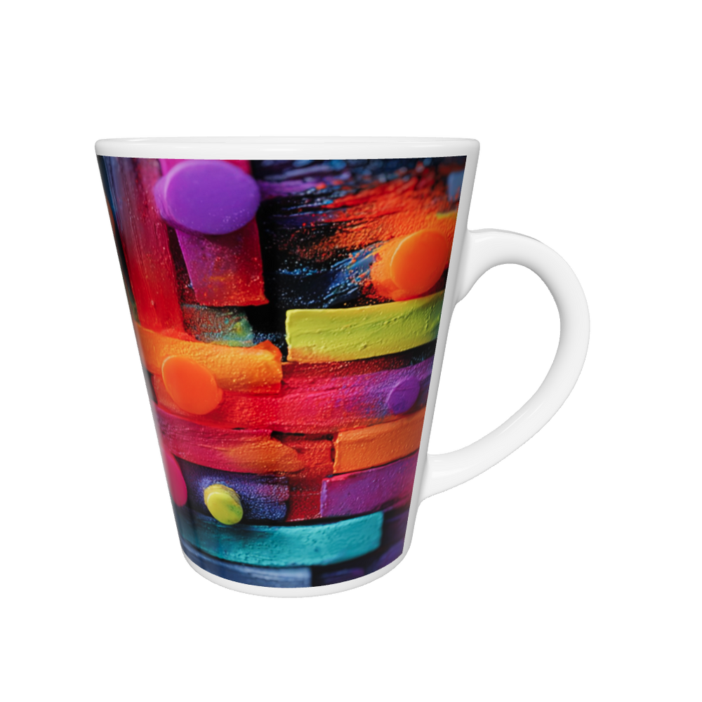 „Latte-Tasse konisch mit abstraktem Neon-Motiv aus bunten Balken und Kreisen in Pink, Gelb, Orange und Blau inspiriert von Pop-Art“