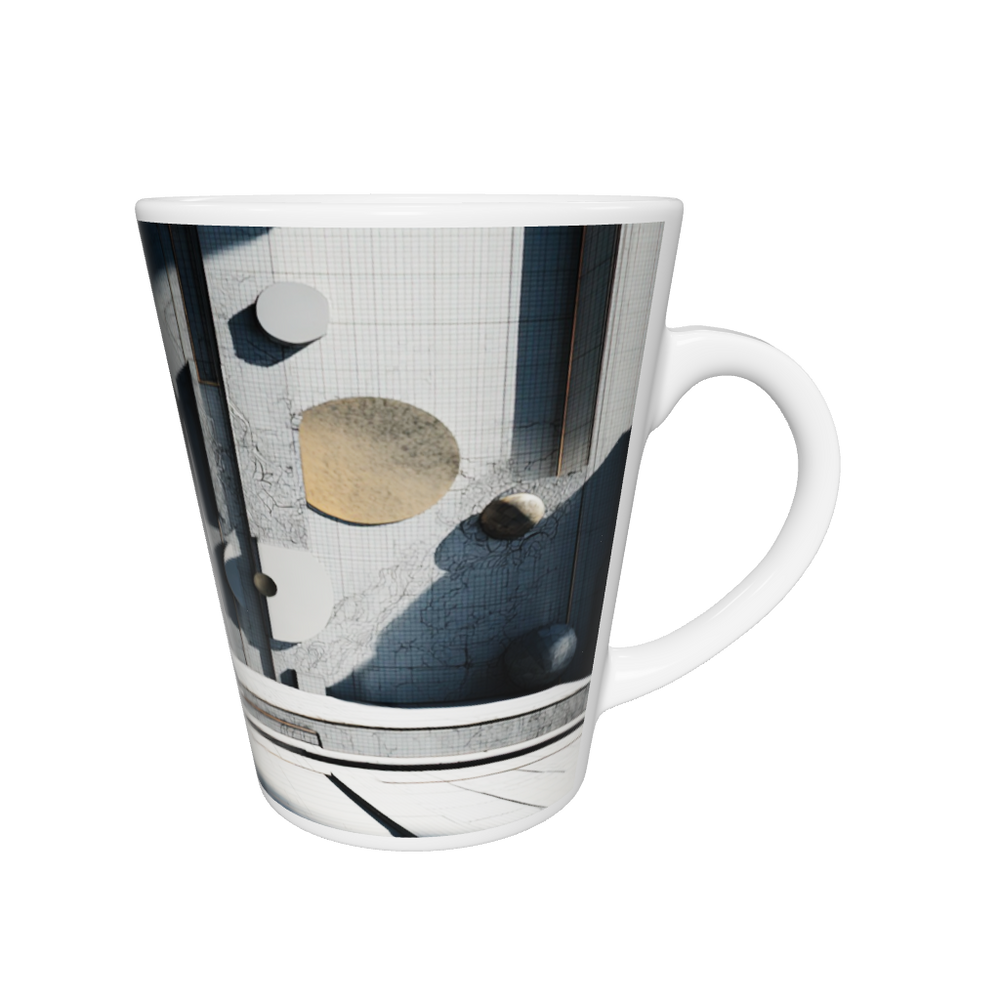 „Latte-Tasse konisch mit architektonischem Bauhaus-Motiv, unendlicher Korridor in Grau, Weiß und Gold“