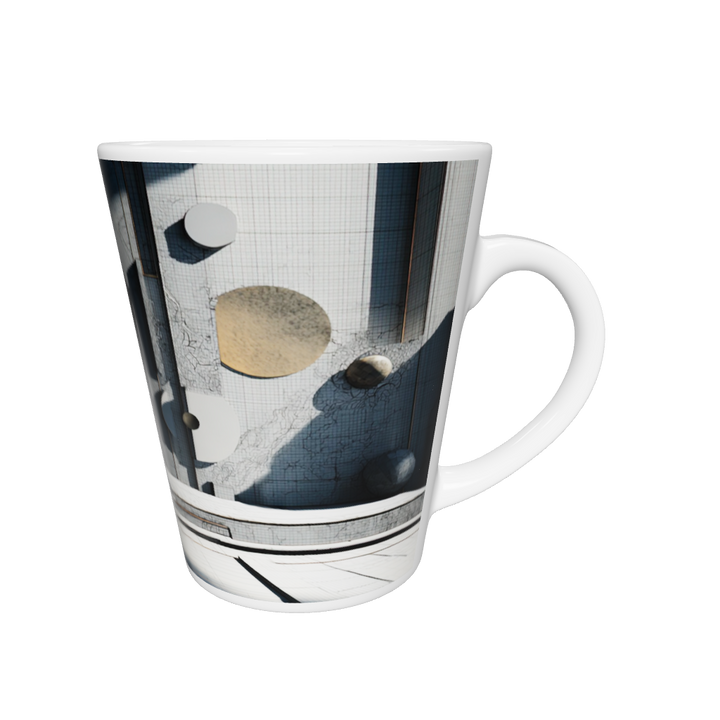 „Latte-Tasse konisch mit architektonischem Bauhaus-Motiv, unendlicher Korridor in Grau, Weiß und Gold“