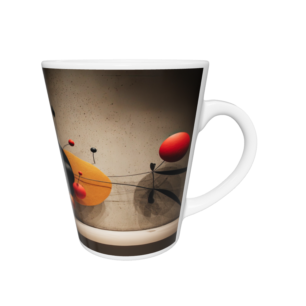 „Latte-Tasse konisch mit abstraktem Bauhaus-Motiv aus organischen Formen in Rot, Schwarz und Gold“
