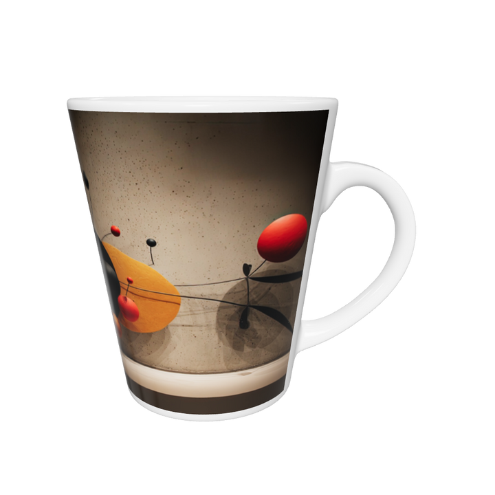„Latte-Tasse konisch mit abstraktem Bauhaus-Motiv aus organischen Formen in Rot, Schwarz und Gold“

