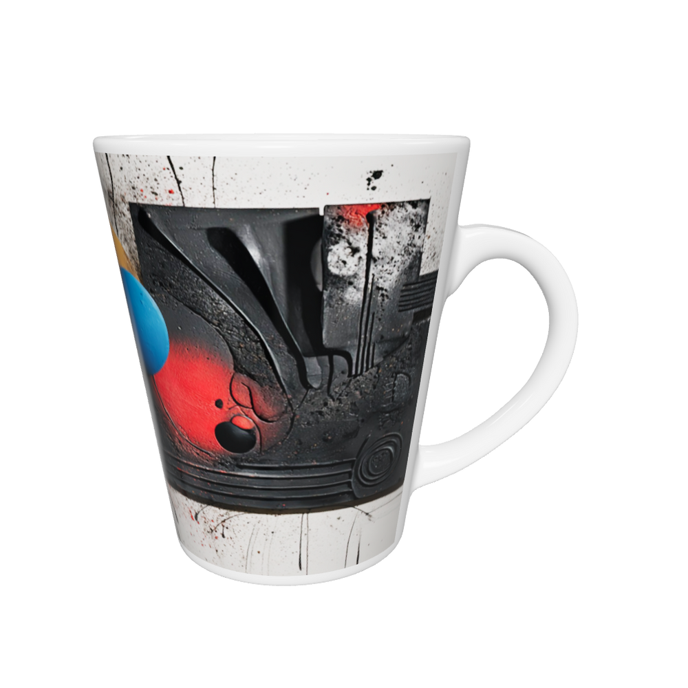 „Latte-Tasse konisch mit abstraktem Bauhaus-Motiv in Schwarz, Weiß, Blau, Gelb und Rot inspiriert von Kandinsky“