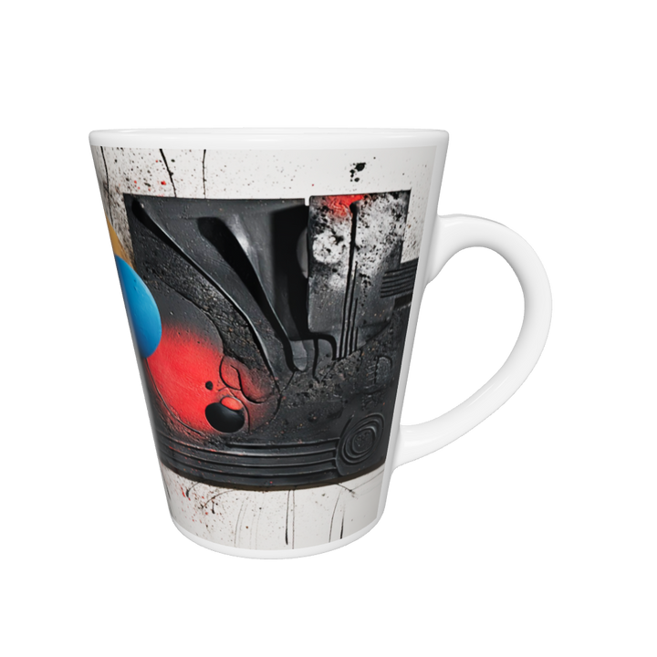 „Latte-Tasse konisch mit abstraktem Bauhaus-Motiv in Schwarz, Weiß, Blau, Gelb und Rot inspiriert von Kandinsky“