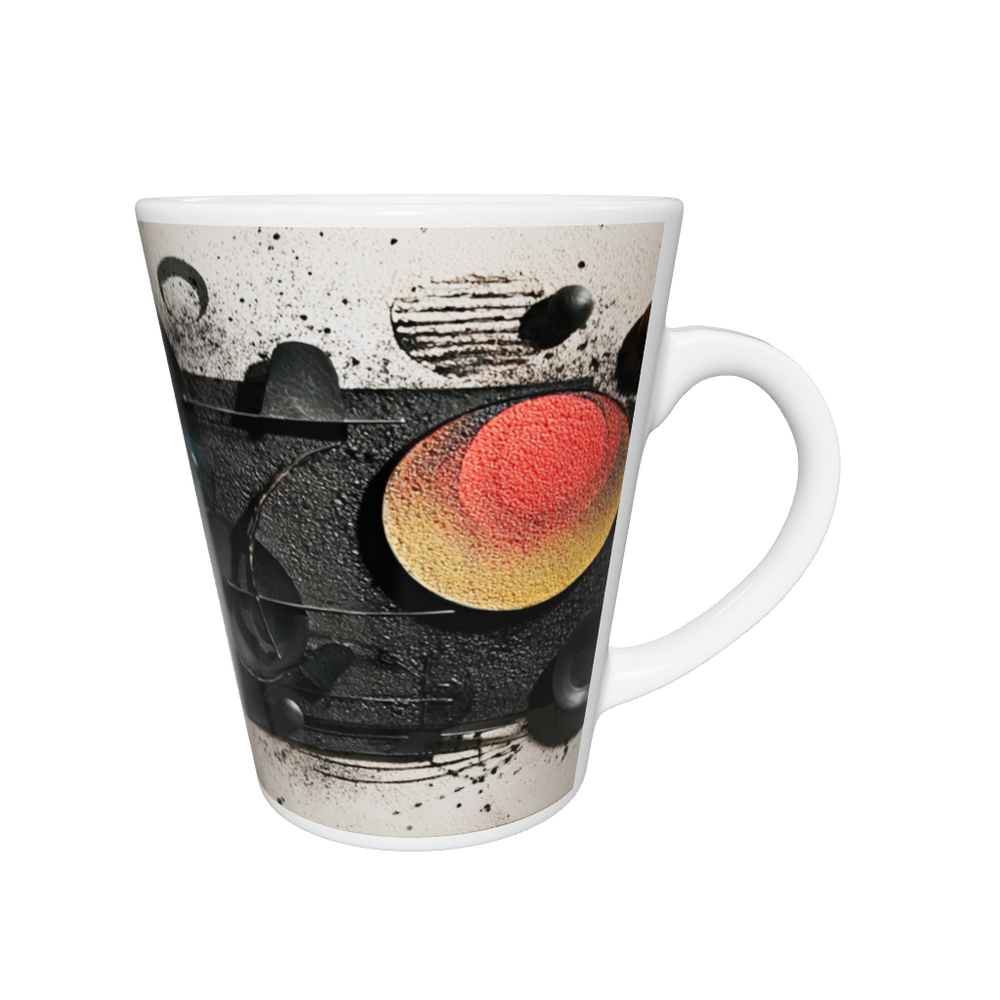 „Latte-Tasse konisch mit Bauhaus-inspiriertem Motiv aus Kreisen in Rot, Gelb, Blau und Schwarz“
