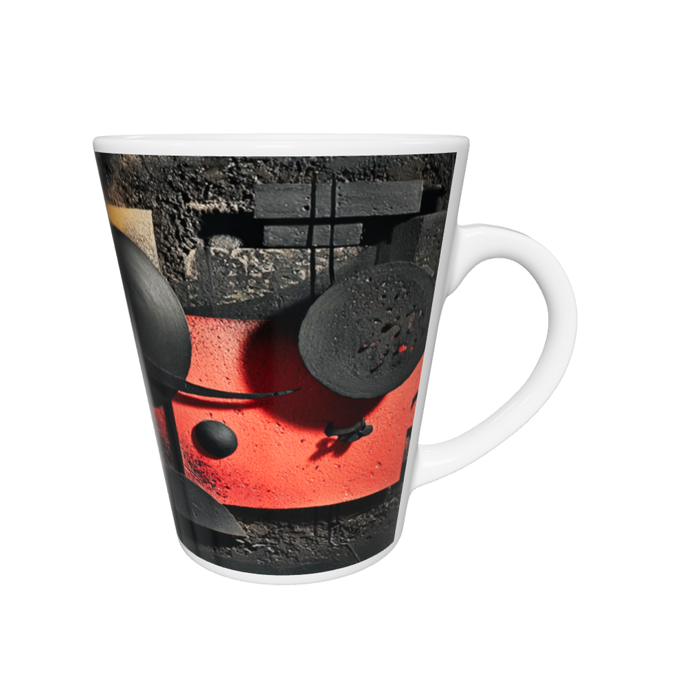 „Latte-Tasse konisch mit abstraktem Bauhaus-Motiv in Rot, Blau, Gelb und Schwarz, inspiriert von Kandinsky“