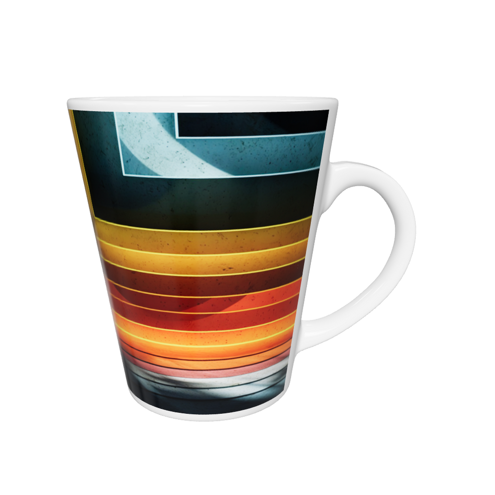 „Latte-Tasse konisch mit geometrischem Neon-Motiv in Rot, Orange, Gelb und Blau, inspiriert von Bauhaus und Lichtkunst“