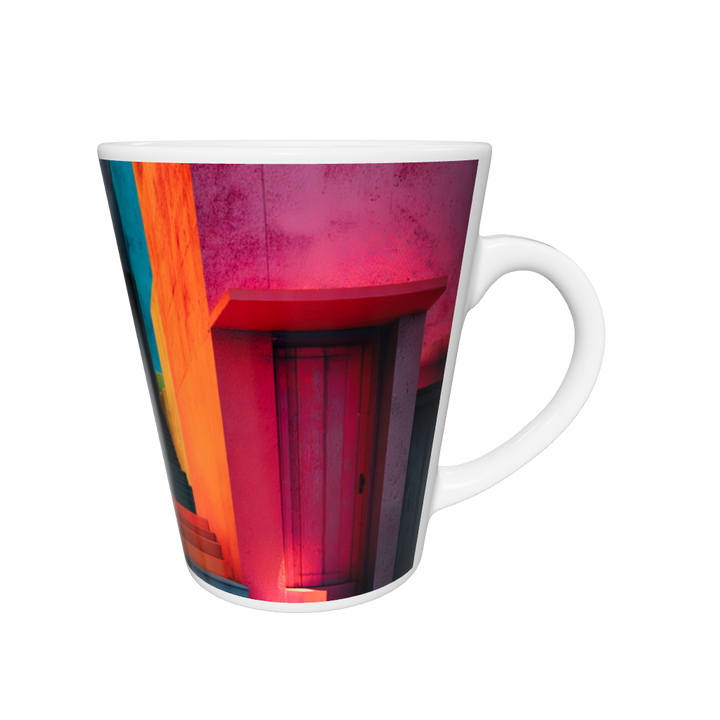„Latte-Tasse konisch mit architektonischem Neon-Motiv, bunte Häuser und Treppen in Gelb, Orange, Blau und Pink“