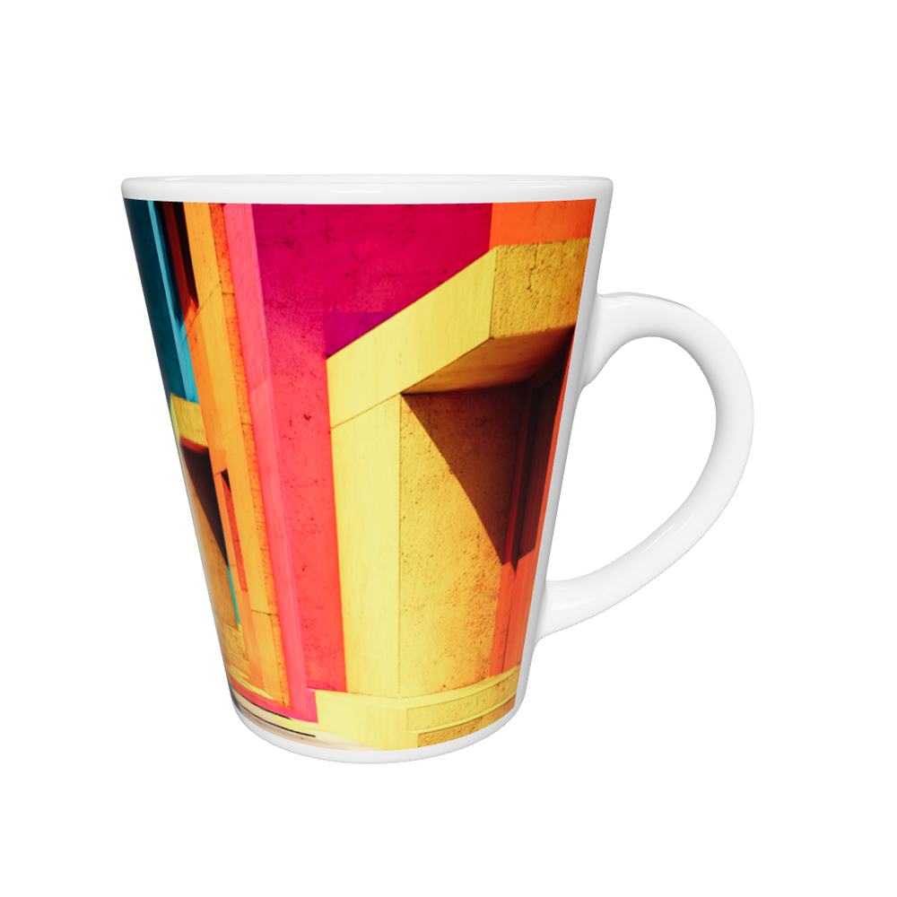 „Latte-Tasse konisch mit architektonischem Neon-Motiv, bunte Fassaden in Pink, Gelb, Blau, Orange und Grün“