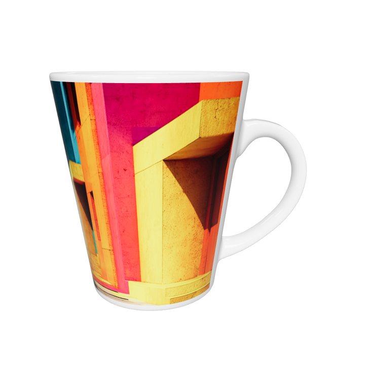 „Latte-Tasse konisch mit architektonischem Neon-Motiv, bunte Fassaden in Pink, Gelb, Blau, Orange und Grün“