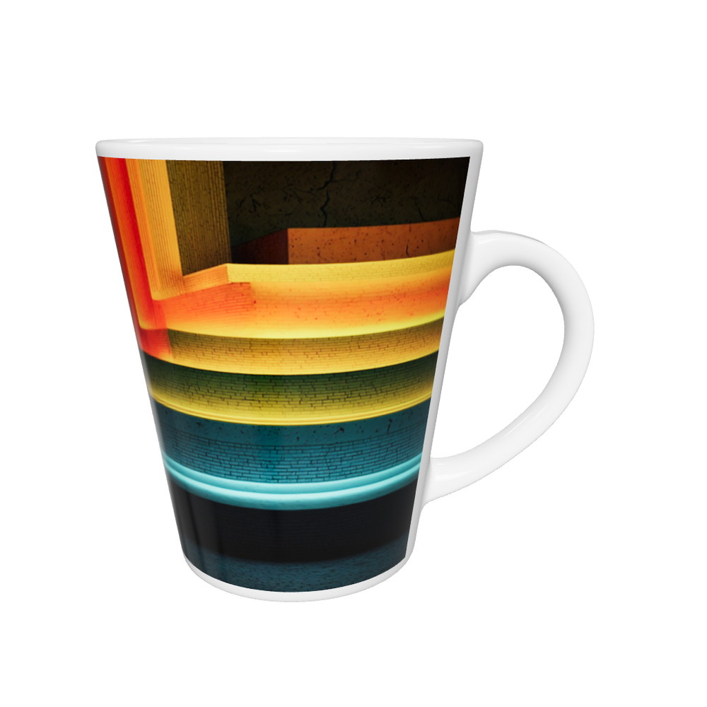 „Latte-Tasse konisch mit geometrischem Motiv und Neonlinien in Orange, Gelb, Blau und Türkis, inspiriert von Bauhaus und futuristischer Architektur“
