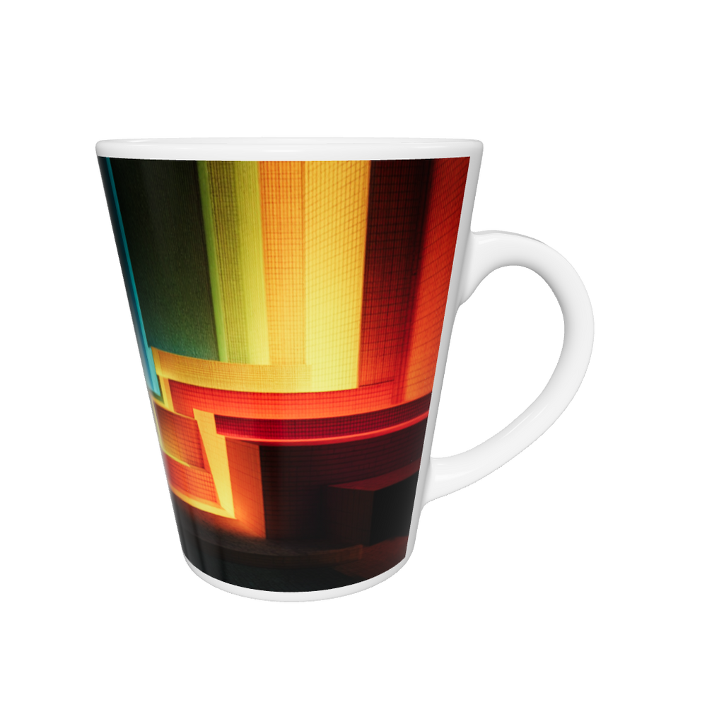 „Latte-Tasse konisch mit futuristischem Bauhaus-Motiv, geometrische Stufen in Gelb, Orange, Rot und Blau, inspiriert von Lichtkunst“