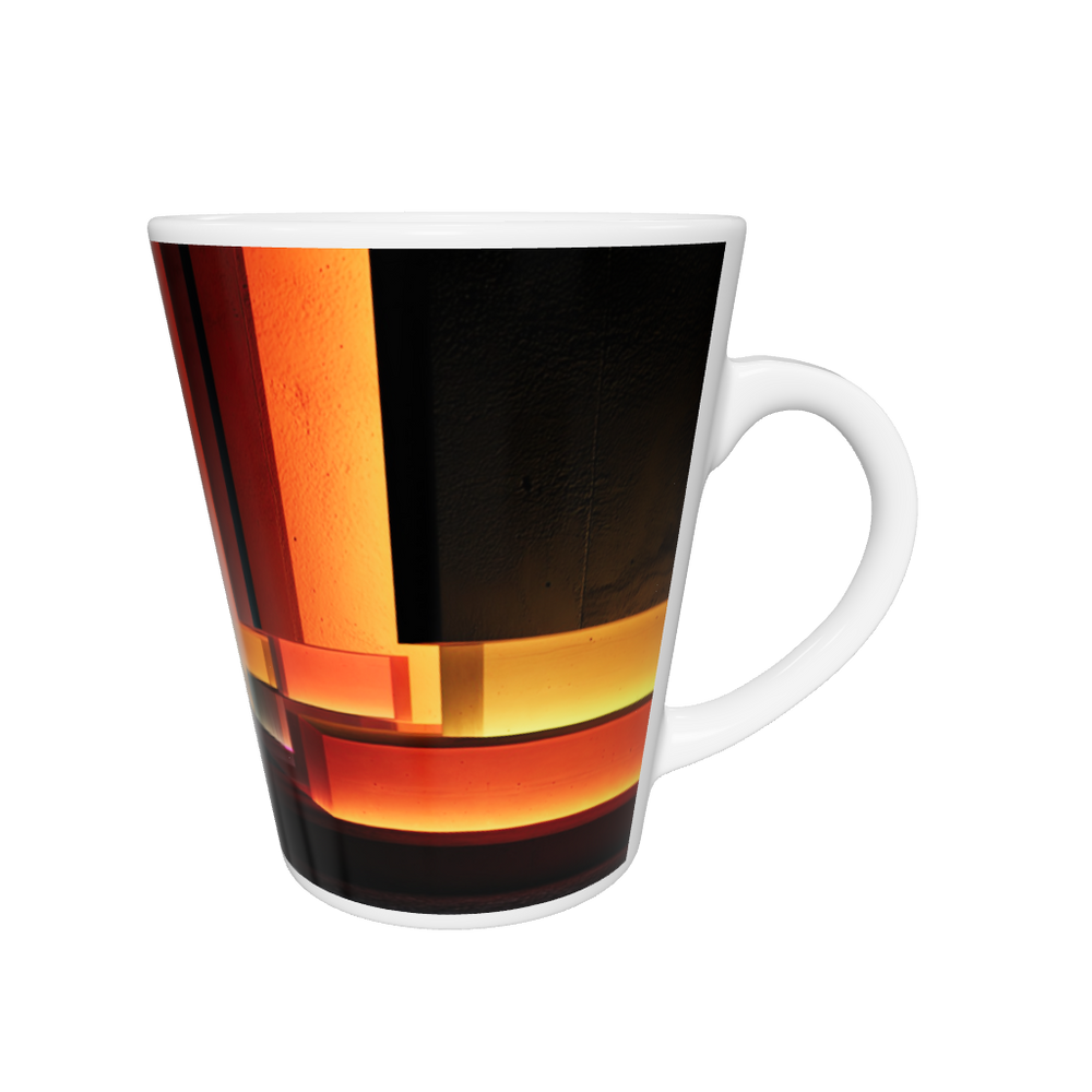„Latte-Tasse konisch mit abstraktem Bauhaus-Motiv, geometrische Stufen in Neonfarben Blau, Gelb, Orange und Rot“