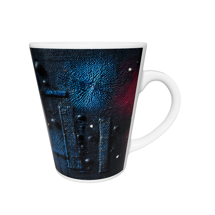 „Latte-Tasse konisch mit abstraktem Motiv in Blau mit goldenen Sternen-ähnlichen Akzenten, inspiriert vom Nachthimmel“