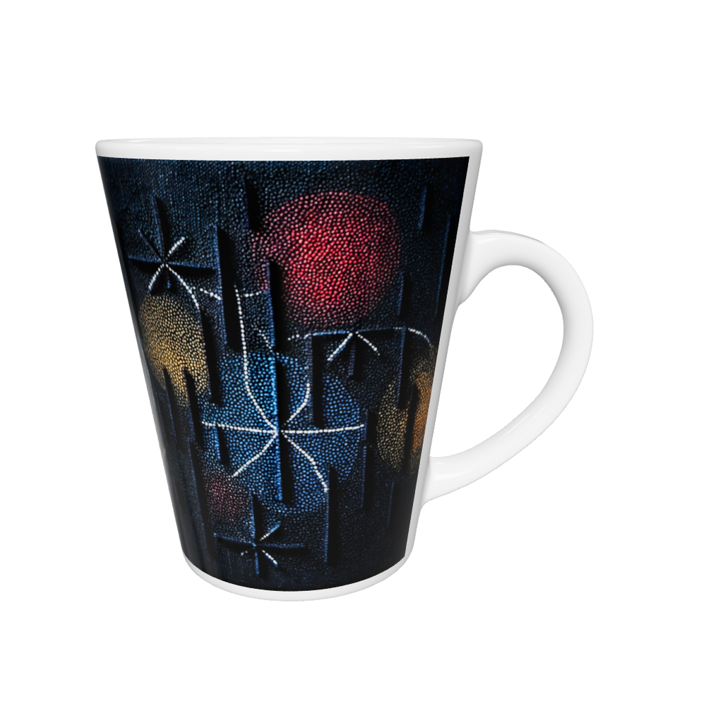 „Latte-Tasse konisch mit abstraktem Sternenmotiv in Blau, Gold, Rot und Weiß, inspiriert vom Nachthimmel“