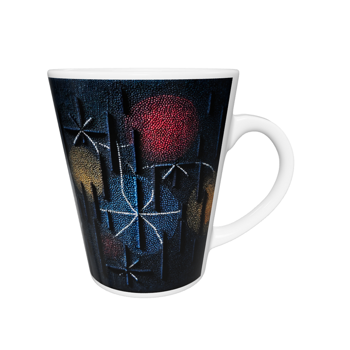 „Latte-Tasse konisch mit abstraktem Sternenmotiv in Blau, Gold, Rot und Weiß, inspiriert vom Nachthimmel“