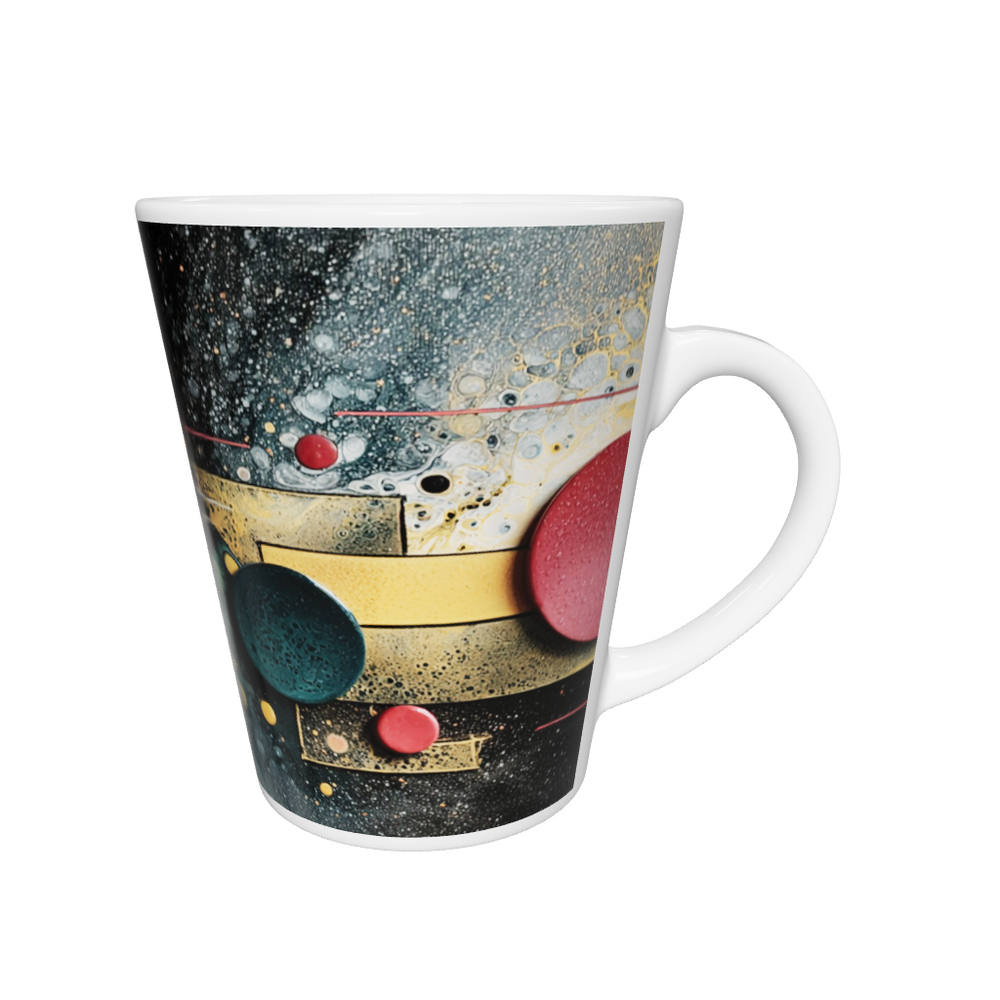„Latte-Tasse konisch mit abstraktem Motiv aus bunten Kreisen in Rot, Gelb, Pink, Grün und Blau, inspiriert von Pop-Art und abstrakter Kunst“
