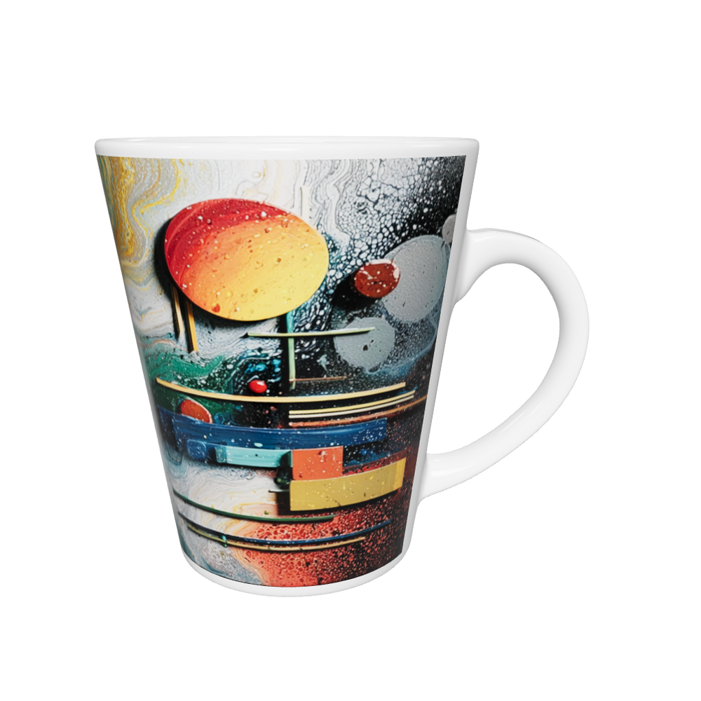 „Latte-Tasse konisch mit abstraktem kosmischen Motiv, wirbelnde Farbflächen in Gold, Grün, Blau, Rot und Gelb“