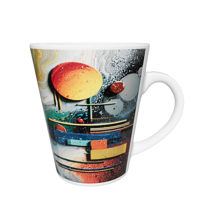 „Latte-Tasse konisch mit abstraktem kosmischen Motiv, wirbelnde Farbflächen in Gold, Grün, Blau, Rot und Gelb“