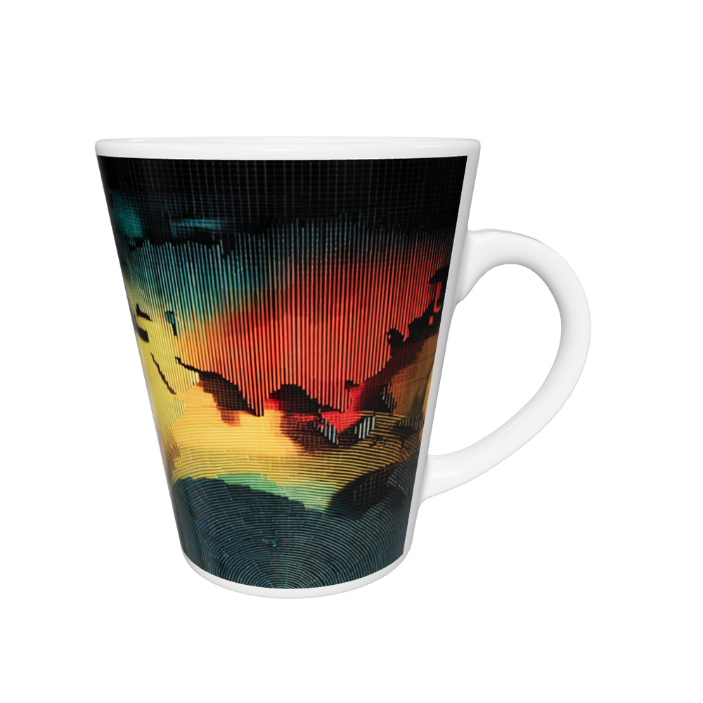 „Latte-Tasse konisch mit abstraktem Weltkarten-Motiv in Gelb, Rot, Blau und Türkis, inspiriert von geometrischer Kunst“