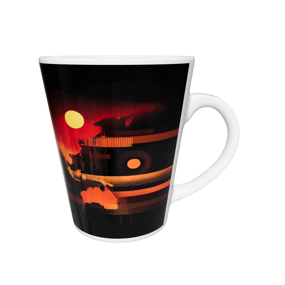 „Latte-Tasse konisch mit digital inspiriertem Weltkarten-Motiv in Gelb, Orange, Rot und Blau“