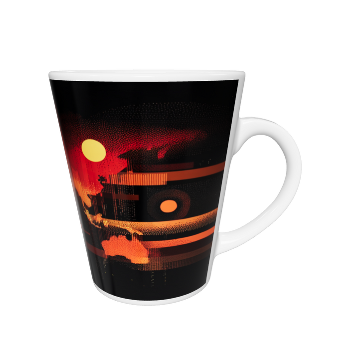 „Latte-Tasse konisch mit digital inspiriertem Weltkarten-Motiv in Gelb, Orange, Rot und Blau“