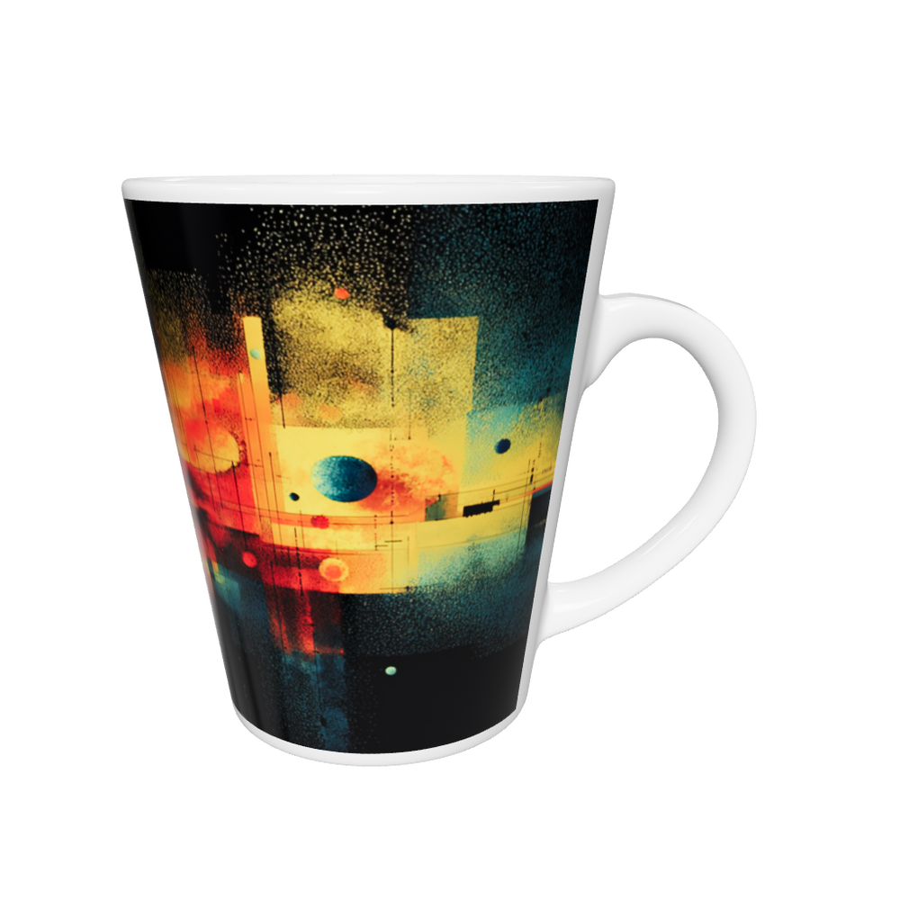 „Latte-Tasse konisch mit abstraktem kosmischen Motiv in Blau, Gelb und Rot, inspiriert von Sternen und Galaxien“