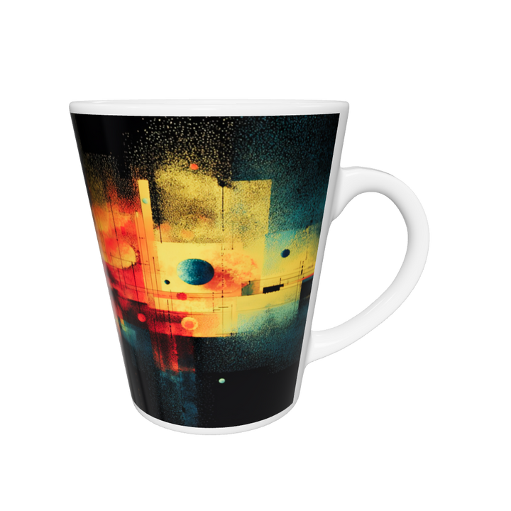 „Latte-Tasse konisch mit abstraktem kosmischen Motiv in Blau, Gelb und Rot, inspiriert von Sternen und Galaxien“