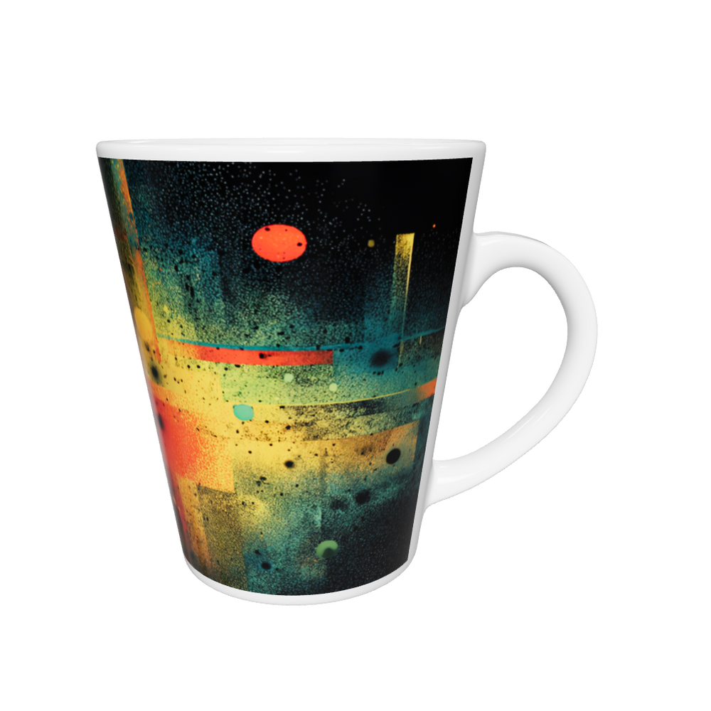 „Latte-Tasse konisch mit abstraktem Motiv in Gelb, Rot, Türkis und Schwarz, inspiriert von urbaner und kosmischer Energie“