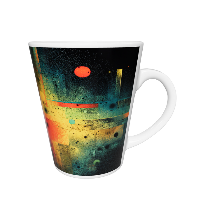 „Latte-Tasse konisch mit abstraktem Motiv in Gelb, Rot, Türkis und Schwarz, inspiriert von urbaner und kosmischer Energie“