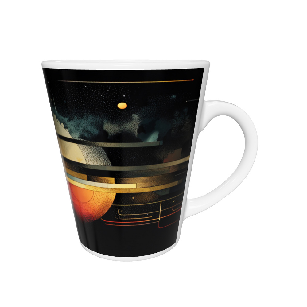 „Latte-Tasse konisch mit abstraktem Motiv aus Skyline- und Kosmosformen in Gelb, Rot und Schwarz“
