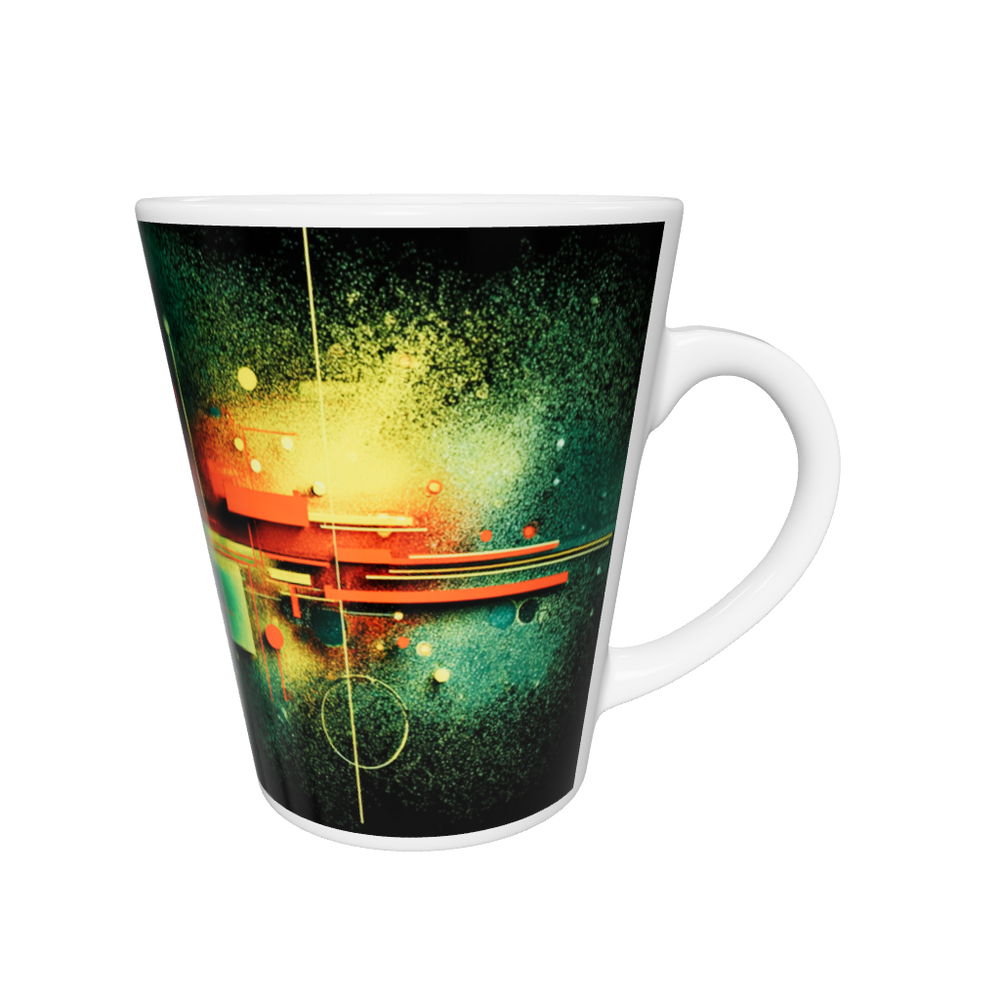 „Latte-Tasse konisch mit abstraktem Motiv in Grün, Gelb und Rot, inspiriert von Neonfarben und geometrischen Strukturen“