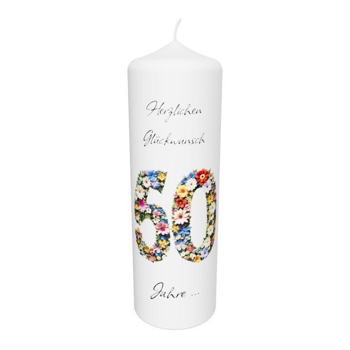 Jubiläumskerze „50 Jahre“ mit Blumenmotiv – Personalisierbar & Handgemacht
