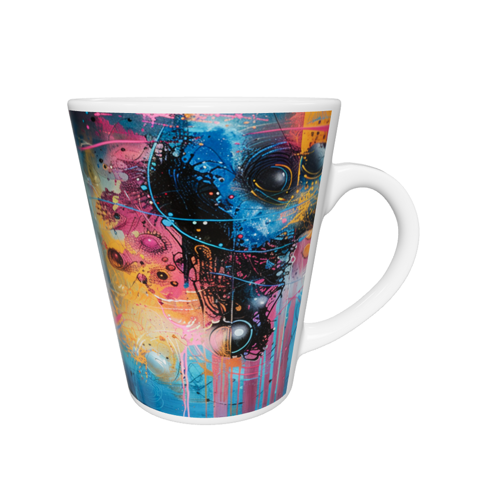 „Latte-Tasse konisch mit surrealem Portrait-Motiv in Blau, Orange und Pink, inspiriert von kosmischer Kunst und Street-Art“